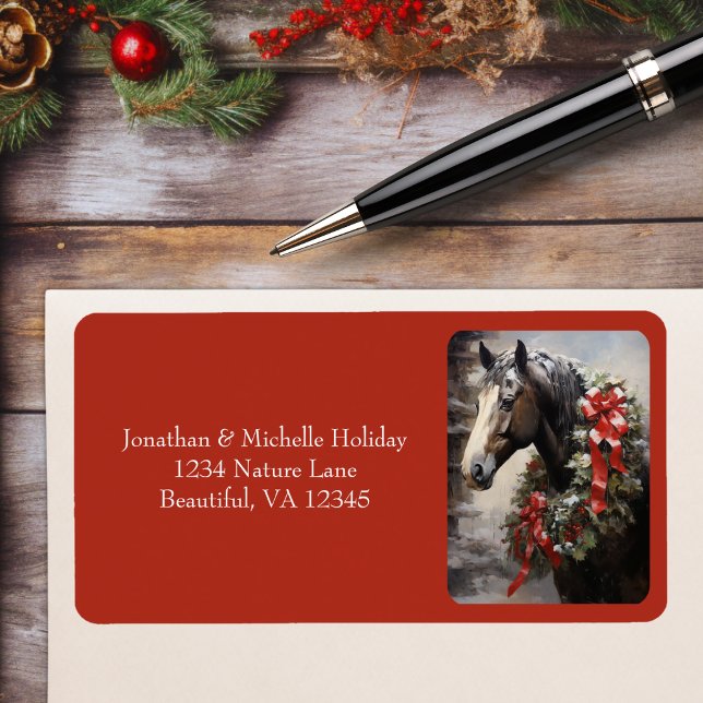 Häst med vinterkrans Adress Adressetikett (Horse with Winter Wreath Christmas Address Label)