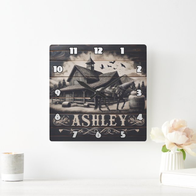 Häst nära Vintage Barn med berg Fyrkantig Klocka (Hem)