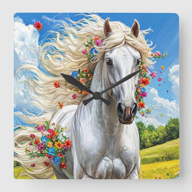 Häst och blommor Romantisk Natur Hemdekor Fyrkantig Klocka (Framsida)