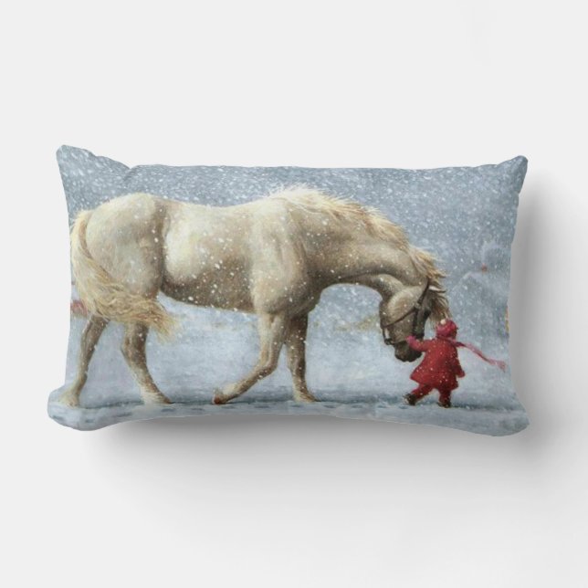 Häst och flicka i Snö Pillow Lumbarkudde (Framsida)