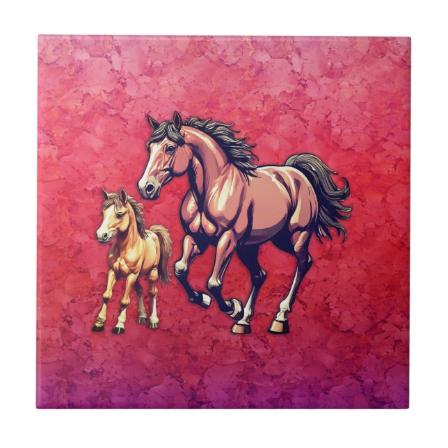 Häst och föl på texturerad bakgrund kakelplatta (Framsidan)