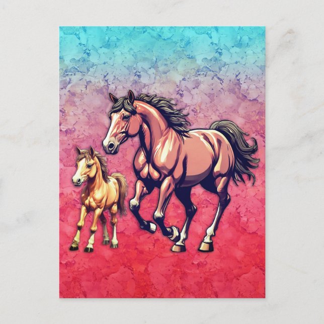 Häst och föl på texturerad bakgrund vykort (Framsida)