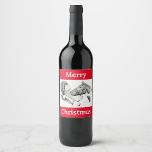 Häst och Jultomten för jul Vinflaska Etikett