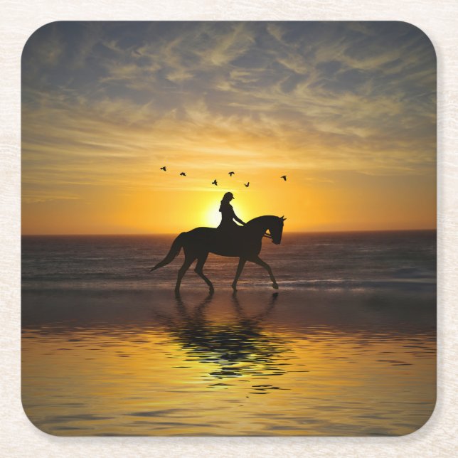 Häst och Rider på Beach Dressage Sunset Underlägg Papper Kvadrat (Framsidan)