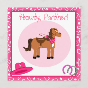 Häst och rosa Paisley Cowgirlfödelsedagsfest Inbjudningar