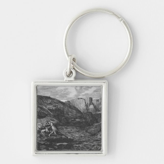 Häst och ryttare fyrkantig silverfärgad nyckelring (Framsidan)