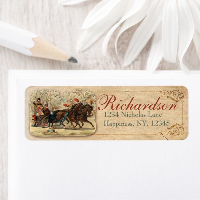 Häst och Sleigh Antique Victorian Gamla julen Returadress Etikett (Insitu)