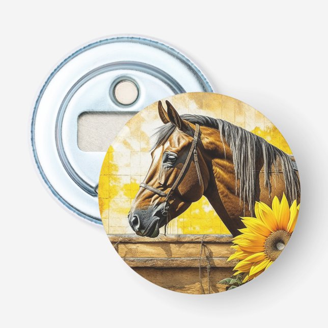 Häst och solrosvackra AI Art Flasköppnare (Framsidan)