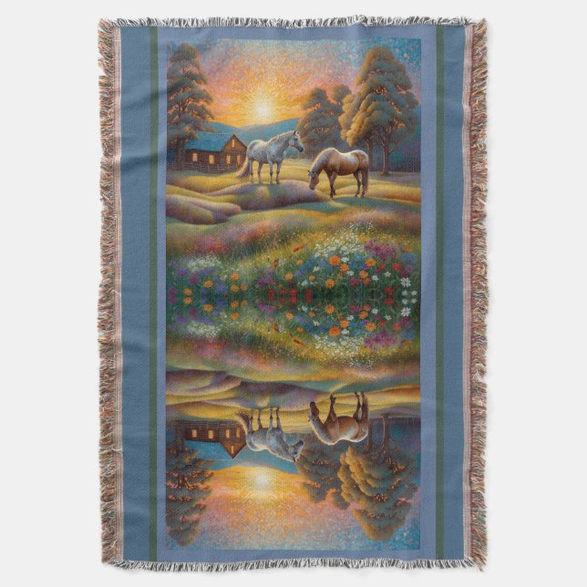 Häst på bondgård äng med vilda blommor filt (Framsidan Vertikal)