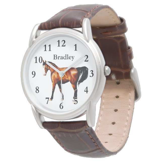 Häst på Manar Classic Brown Leather Strap Watch Armbandsur (Vinklad)