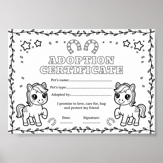 Häst ponny adoptera ett husdjur färgläggning certi poster (Framsidan)