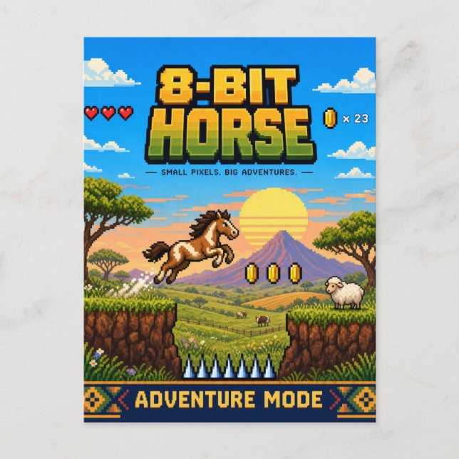 Häst, Retro 8-Bit Pixel Art Vykort (Framsida)