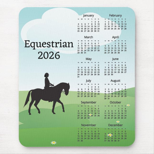 Häst Ridning Design 2026 Kalender Musmatta (Framsidan)