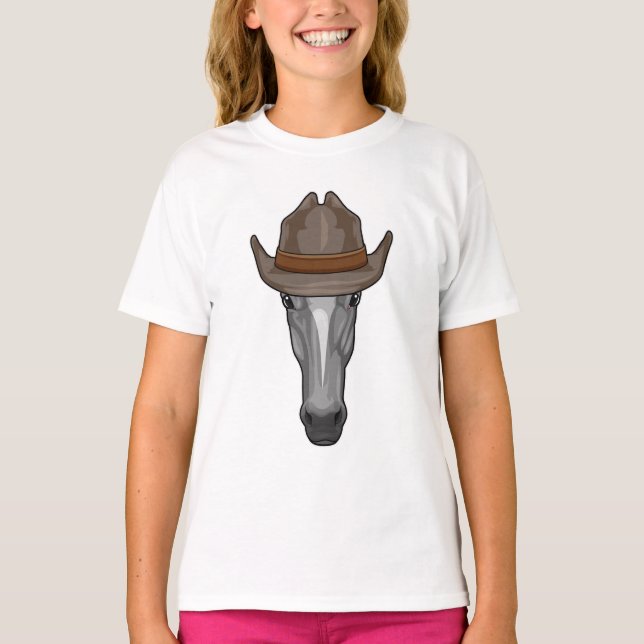 Häst som Cowboy med Hat T Shirt (Framsida)
