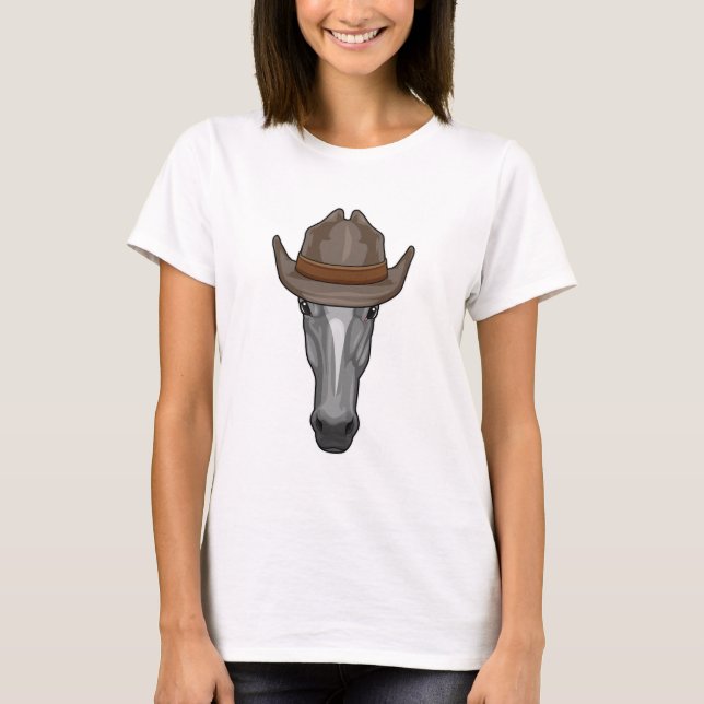 Häst som Cowboy med Hat T Shirt (Framsida)