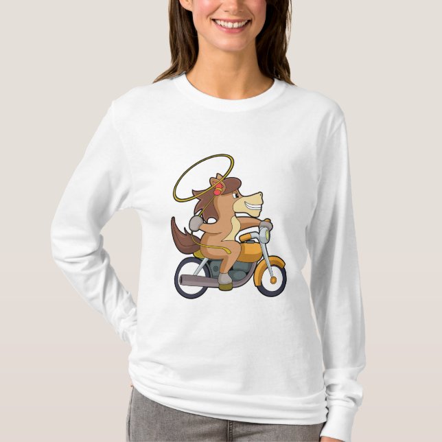 Häst som Cowboy med Lasso & Motorcycle T Shirt (Framsida)