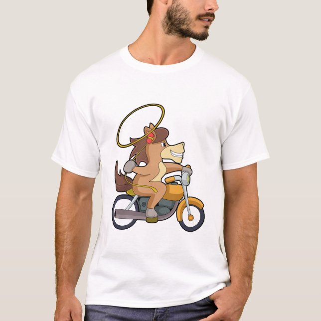 Häst som Cowboy med Lasso & Motorcycle T Shirt (Framsida)