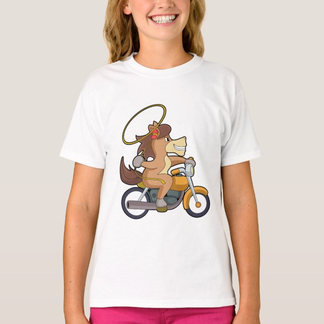 Häst som Cowboy med Lasso & Motorcycle T Shirt (Framsida)