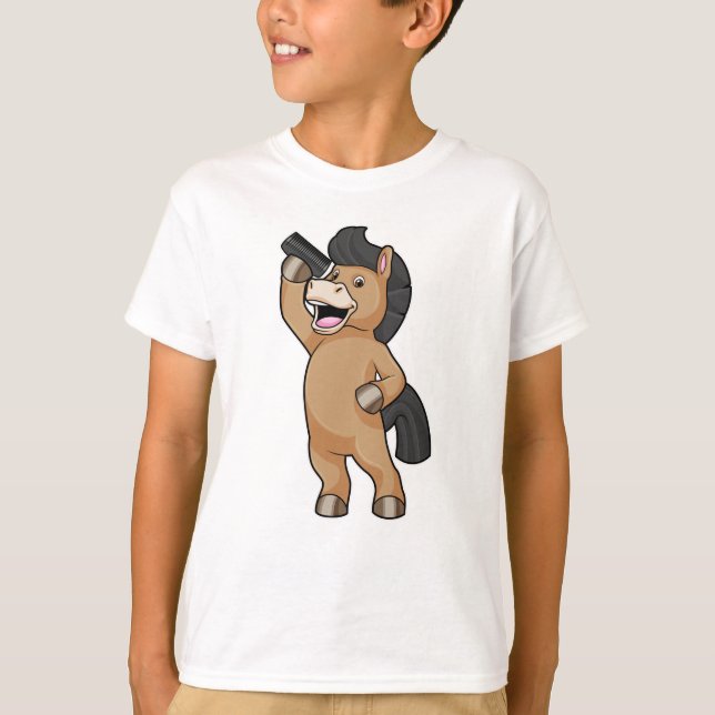 Häst som Hairdresser med Comb T Shirt (Framsida)