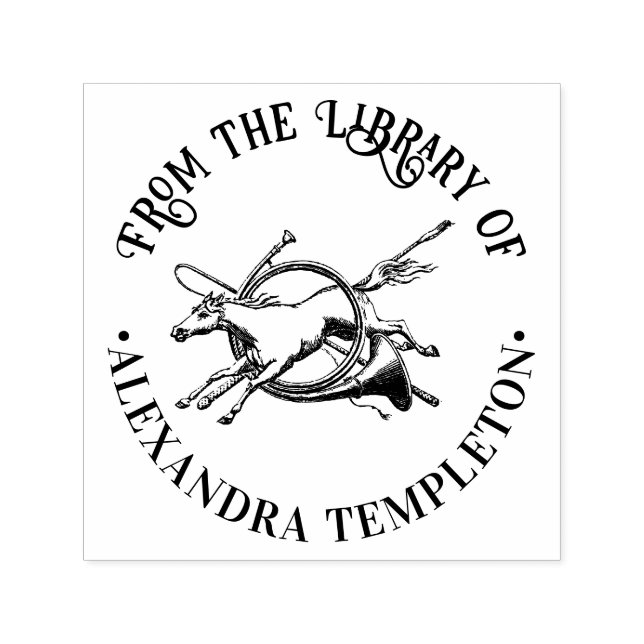 Häst som hoppar genom ett horn Boknamn från biblio Självfärgande Stämpel (Design)