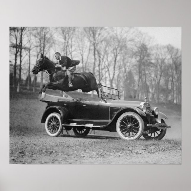 Häst som hoppar över bil, 1923. Gammalt foto Poster (Framsidan)