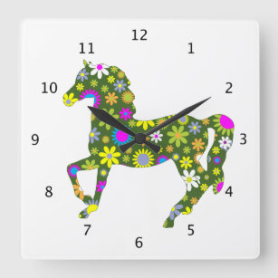 Häst som kråma sig färgrika skraj blom- retro fyrkantig klocka