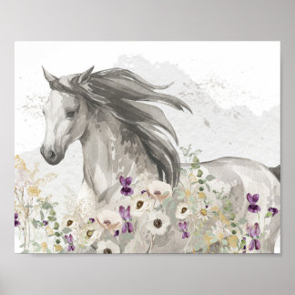 Häst som springer i Flower Fält Poster