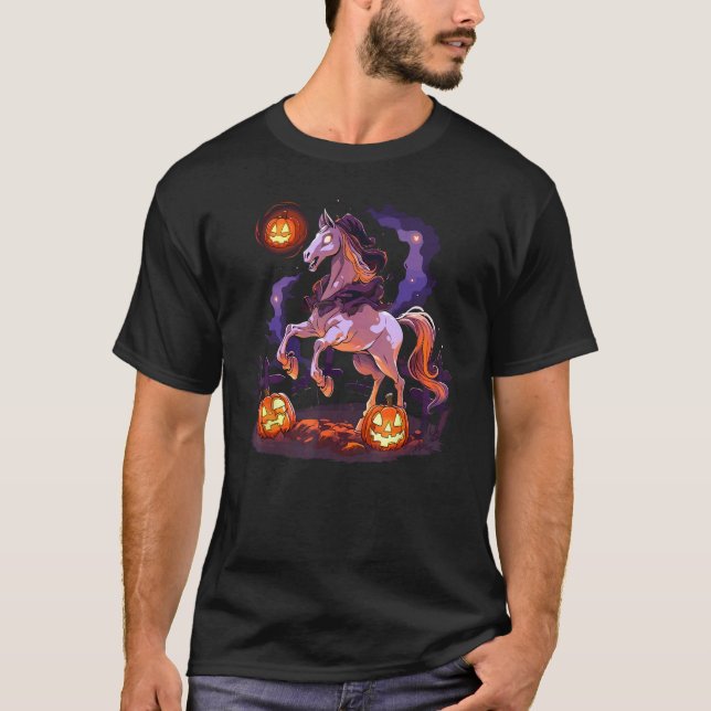 Häst Spöke Häxa Kuslig Ridning Halloween T Shirt (Framsida)