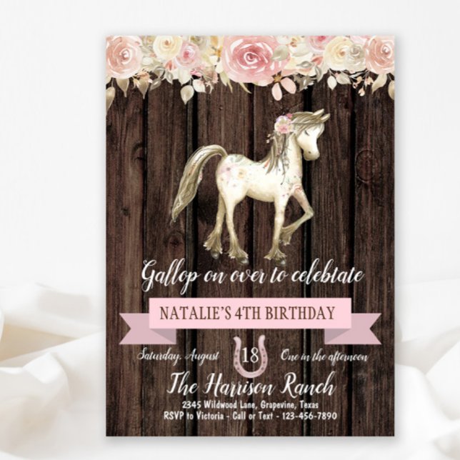 Häst Vattenfärg Blomma Flicka Pony Födelsedagsfest Inbjudningar (Cute pony any number birthday party invitation.)