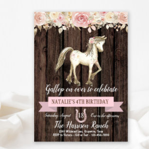 Häst Vattenfärg Blomma Flicka Pony Födelsedagsfest Inbjudningar