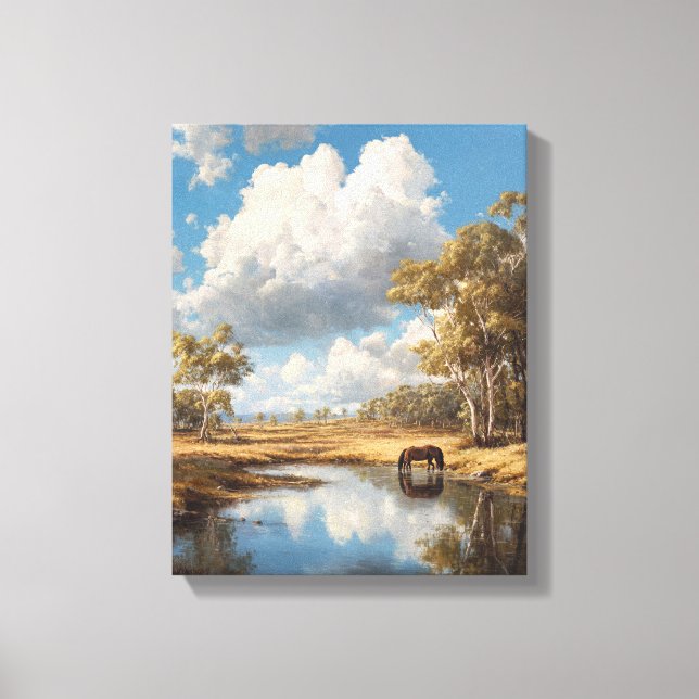 Häst vid damm med molnig himmel reflektion konst canvastryck (Framsida)