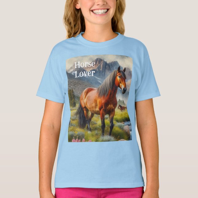 Hästälskare Brun Mustang Barn  T Shirt (Framsida)