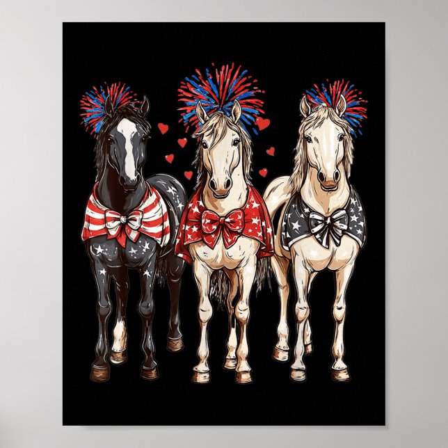 Hästar 4 juli Patriotic Horse American Flagga Fire Poster (Framsidan)