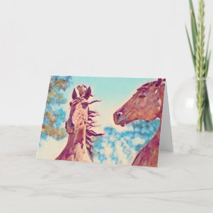 Hästar Aqua Blue Illustrated Art Note Card Kort