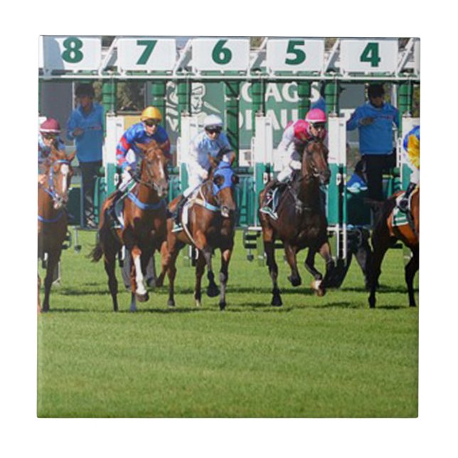 Hästar av Tävla som Lämnar Grind Kakelplatta (Framsidan)