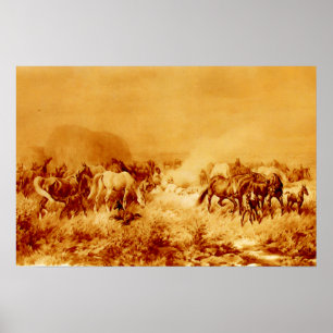 HÄSTAR BETAR Antik Orange Gul Brun Sepia Poster