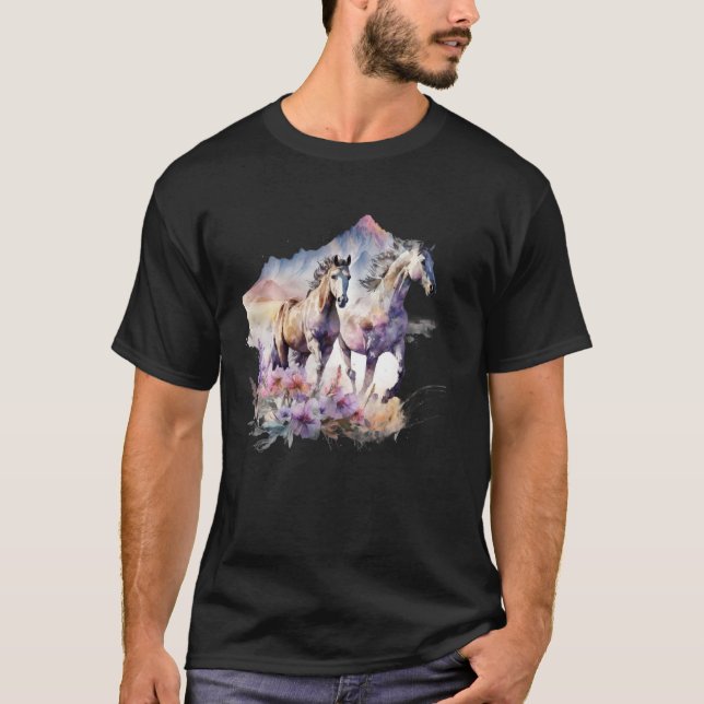 Hästar Blommor Vild Manen Boho Western Södra Ko T Shirt (Framsida)