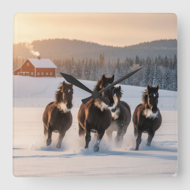 Hästar galopperar på en vintermorgon -  fyrkantig klocka (Framsida)