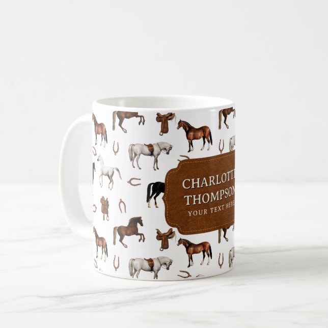 Hästar Hästsko Häst Saddlar Anpassat Namn Kaffemugg (Framsida vänster)