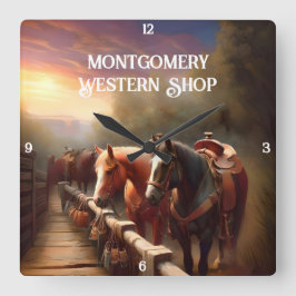 Hästar Hitched till en järnväg Fyrkantig Klocka