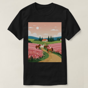 Hästar i en åker med rosa blommor t shirt