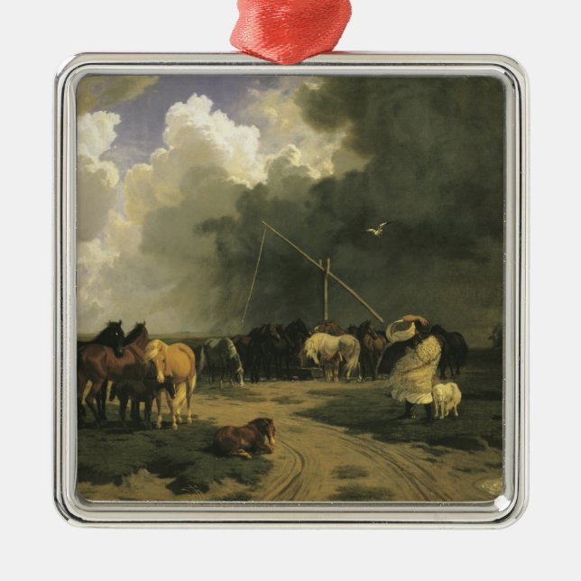 Hästar i en regnstorm (häst) julgransprydnad metall (Framsidan)