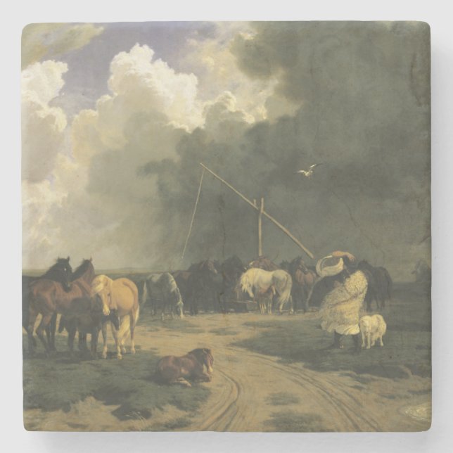 Hästar i en regnstorm (häst) stenunderlägg (Framsidan)