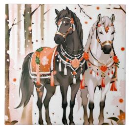 Hästar i en röd skog kakelplatta