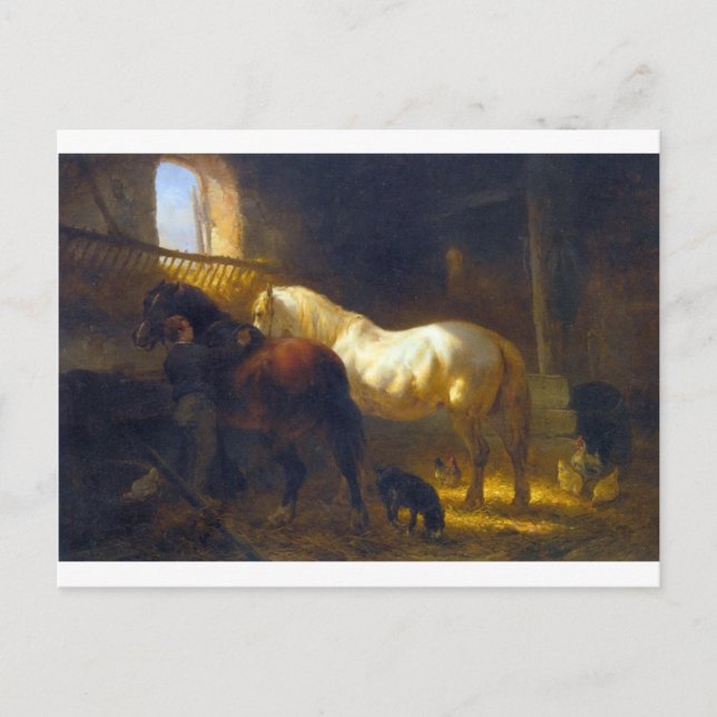 Hästar i en stabil vykort (Framsida)