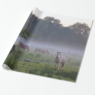 Hästar i mistbygden som slår in papper presentpapper