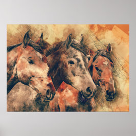 Hästar Konstnärlig vattenfärgsfärgning, dekorativ Poster