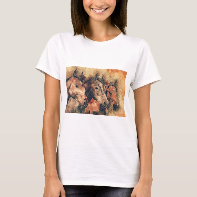 Hästar Konstnärlig vattenfärgsfärgning, dekorativ T-shirt (Framsida)