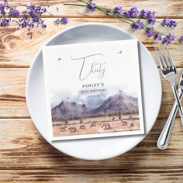 Hästar liggande milsten Birthday Pappersservett (Horses Landscape Milestone Birthday Paper Napkin)