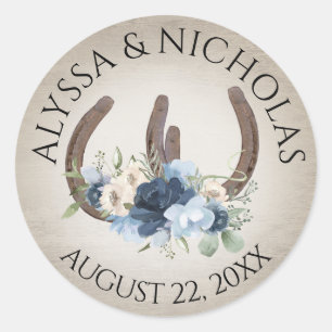 Hästar och Blåa blommor Rustic Runt Klistermärke